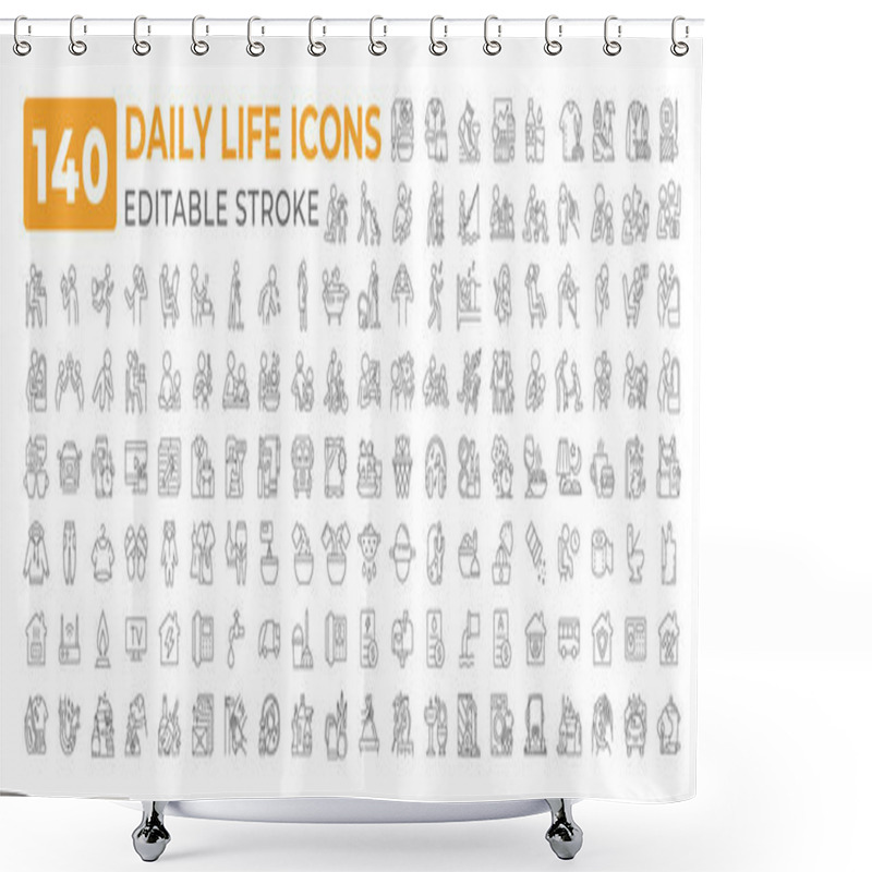 Personality  Daily Life Line Icons Big Set. Housekeeping, Utilities, Cooking. Parent Child. Human Behavior. Everyday Routine Home Iconset Outline Pictograms. Isolated Linear Vector Illustrations. Editable Stroke Shower Curtains