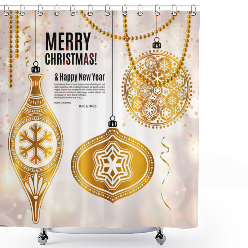 Personality  Christmas Card With Golden Ornamental Xmas Balls, Snowflakes And Pearls. Background With Bokeh Lights. Vector. Shower Curtains