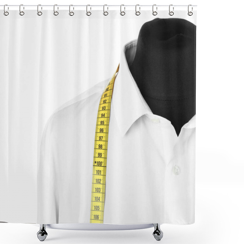 Personality  Mannequin With Custom Tailored Shirt And Measuring Tape On White Background, Closeup Shower Curtains