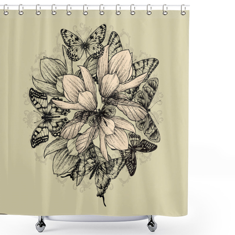 Personality  Floral Background With Magnolia Flowers And Butterflies. Vector Shower Curtains