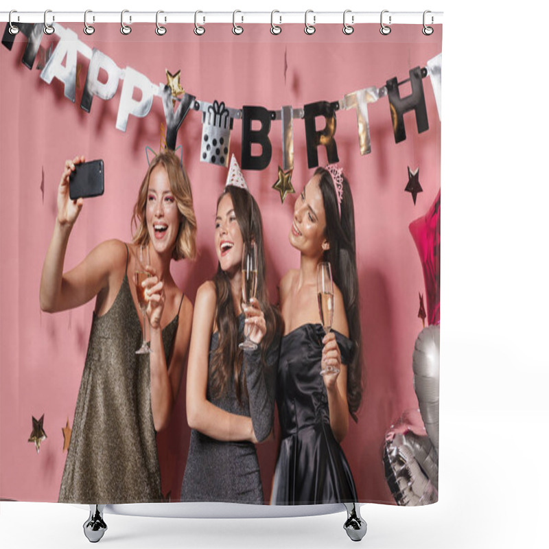 Personality  Image Of Party Girls Taking Selfie Photo While Celebrating Birth Shower Curtains