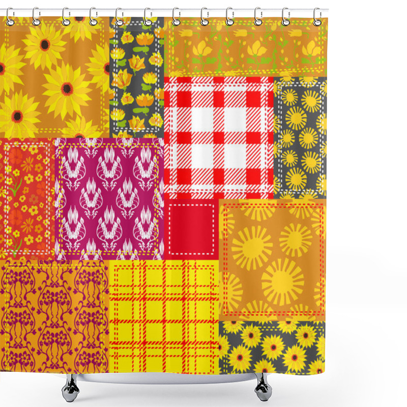 Personality  Yellow Patchwork With Checkered Fabrics, Damask Print And Floral Motifs Shower Curtains