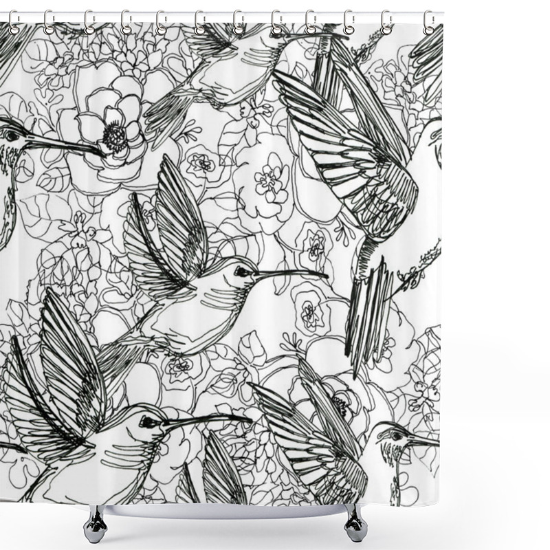 Personality  Seamless Floral Background With Humming-bird Shower Curtains