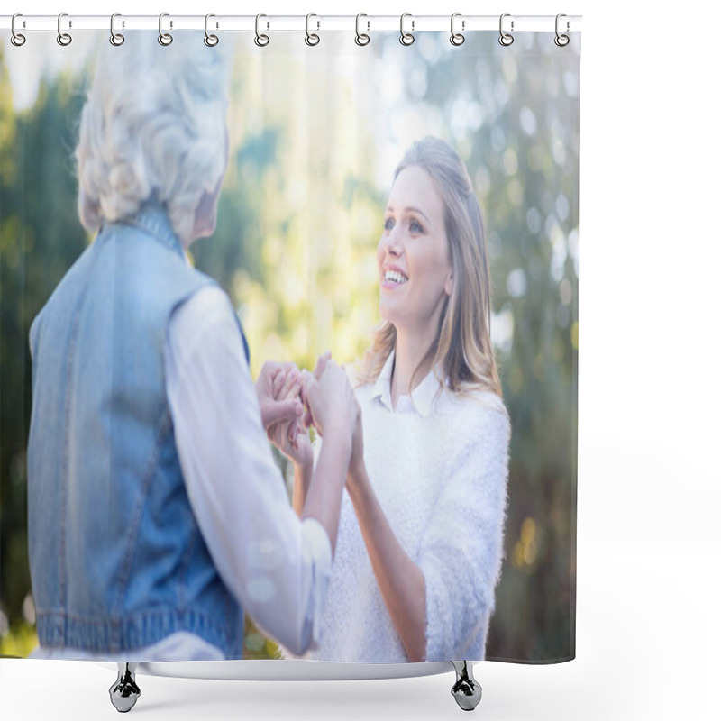 Personality  Woman Holding Hands With Grandmother In Park Shower Curtains