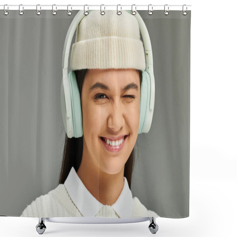 Personality  A Young Woman With An Infectious Smile Expresses Joy While Wearing Trendy Headphones And A Hat. Shower Curtains