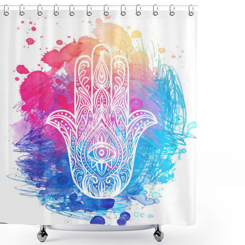 Personality  Ornate Hand Drawn Hamsa. Popular Arabic And Jewish Amulet. Vector Illustration Over Colorful Watercolor Splash. Shower Curtains