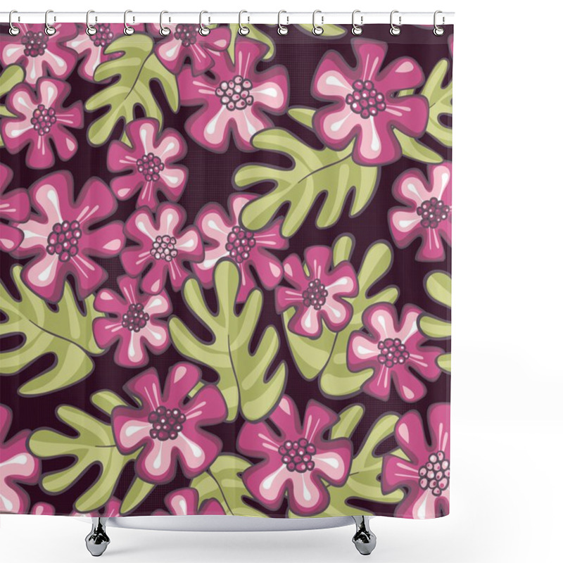 Personality  Wild Tropical Exotic Pink Flowers And Green Leaves On Purple Patterned Background Floral Seamless Pattern Shower Curtains