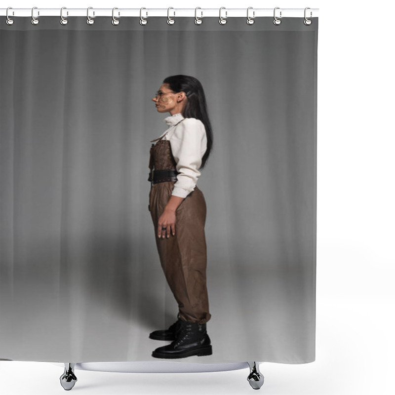 Personality  Full Length View Of Attractive Steampunk Woman In Glasses On Grey Shower Curtains