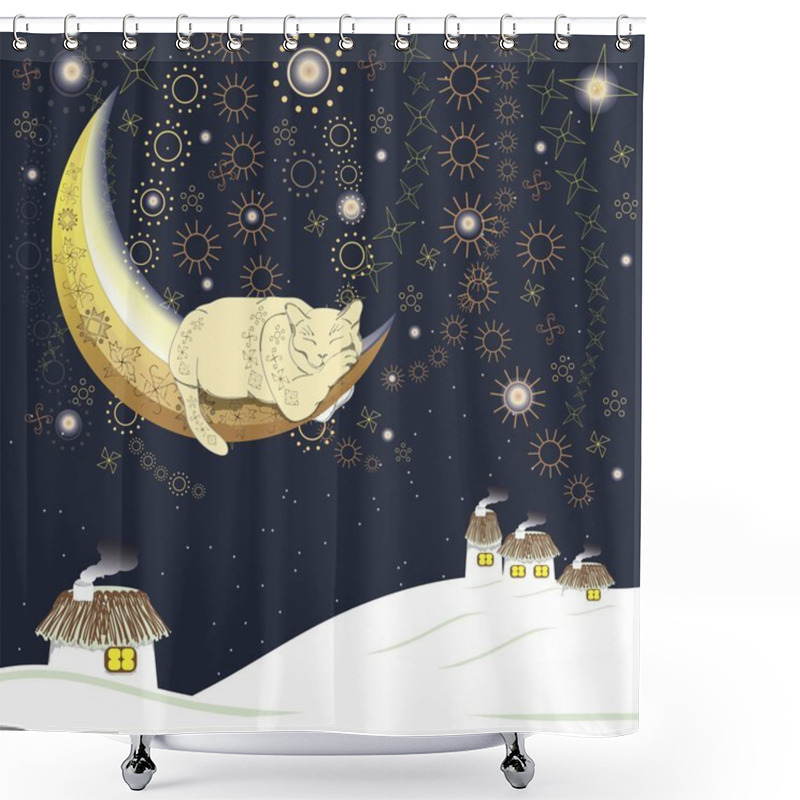 Personality  Sleeping Cat On The Moon Over Ukrainian Village In Winter, Contains Brushes Shower Curtains