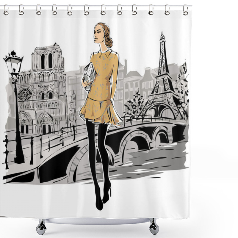 Personality  Fashion Models In Sketch Style Fall Winter With Paris City Background Shower Curtains