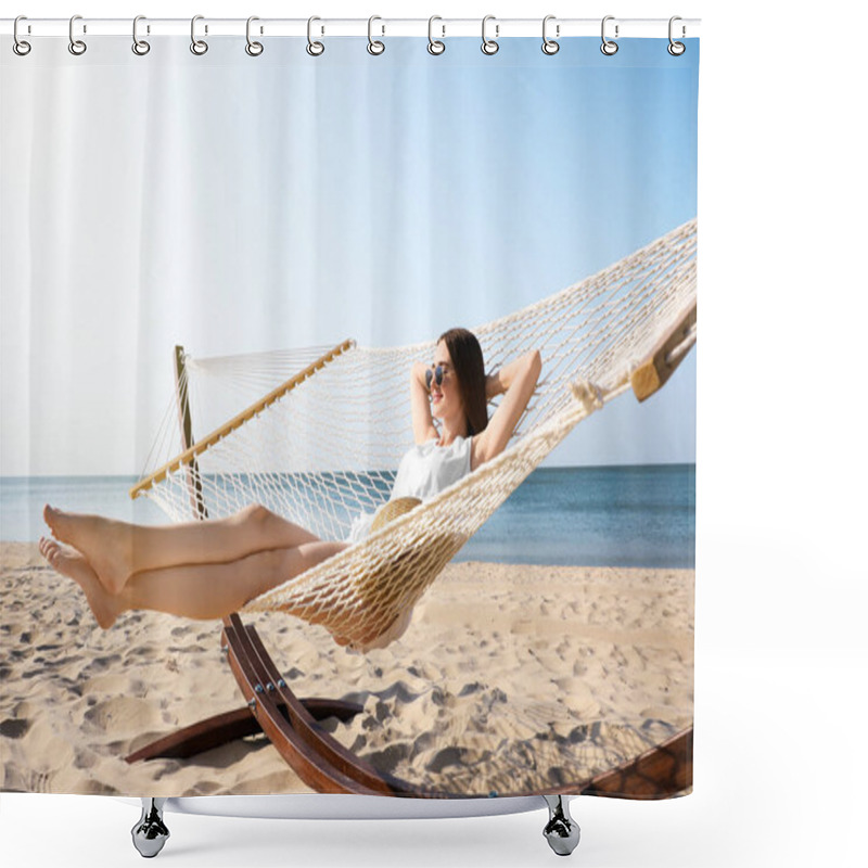 Personality  Young Woman Relaxing In Hammock On Beach Shower Curtains