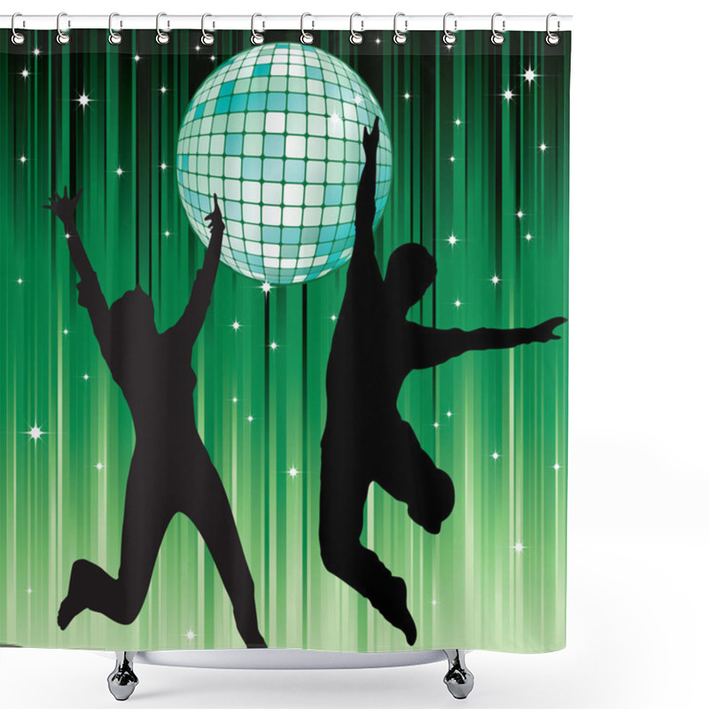 Personality  Disco Ball And The Silhouettes Of Dancing Couples In The Background Of Green Stripes And Stars. Shower Curtains