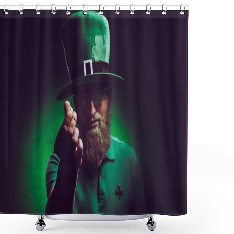 Personality  Bearded Young Man In Green Irish Hat And Funny Eyeglasses Gesturing At Camera Shower Curtains