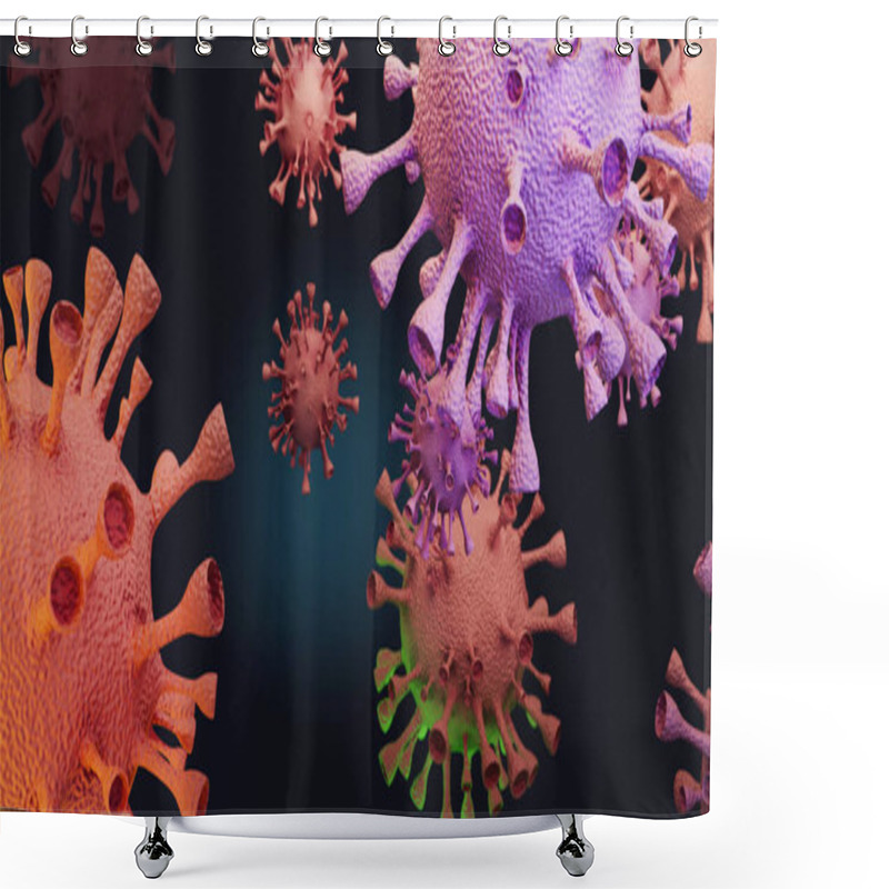 Personality  Coronaviruses KOVID-19 On A Black Background. 3D Rendering Shower Curtains