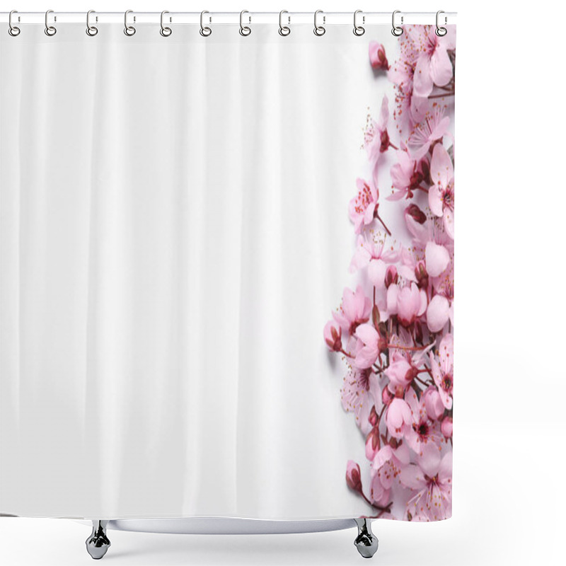 Personality  Beautiful Spring Tree Blossoms As Border On White Background, Top View. Space For Text Shower Curtains