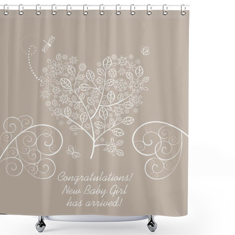 Personality  Baby Girl Arrival Greeting Pastel Card With Beautiful Blossoming Decorative Lacy Tree In Heart Shape Shower Curtains