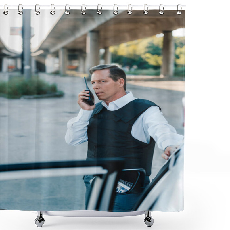 Personality  Serious Mature Male Police Officer In Bulletproof Vest Talking On Radio Set Near Car At Street Shower Curtains