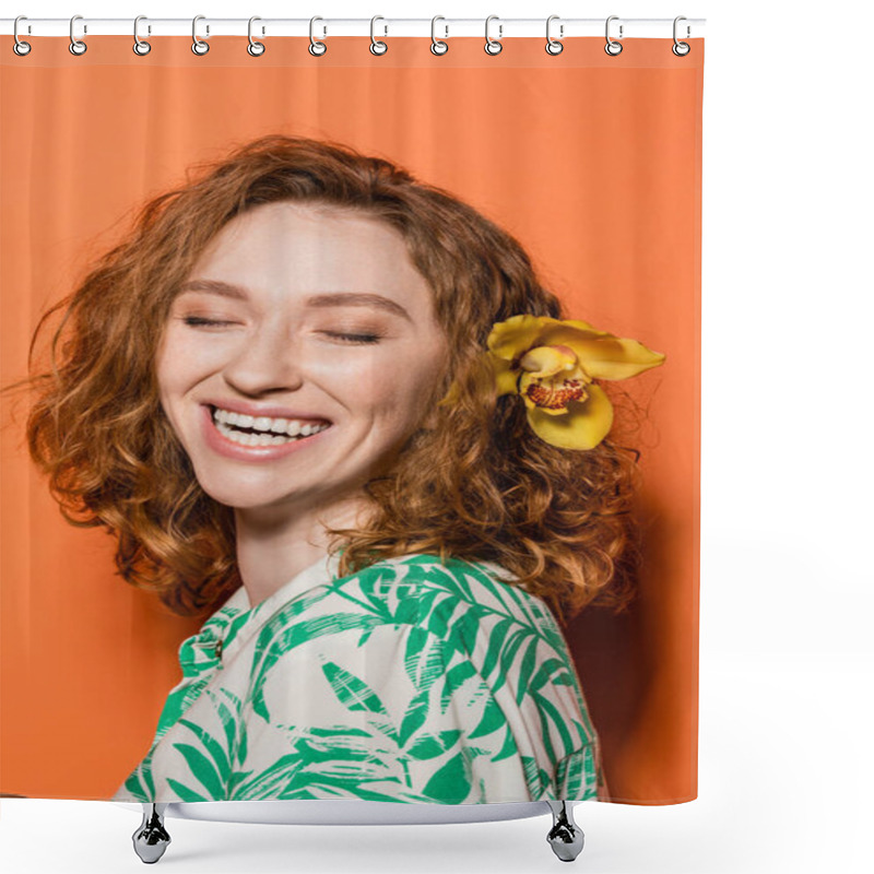 Personality  Happy Young Woman With Orchid Flower In Red Hair And Trendy Blouse With Floral Print Standing With Closed Eyes On Orange Background, Summer Casual And Fashion Concept, Youth Culture Shower Curtains