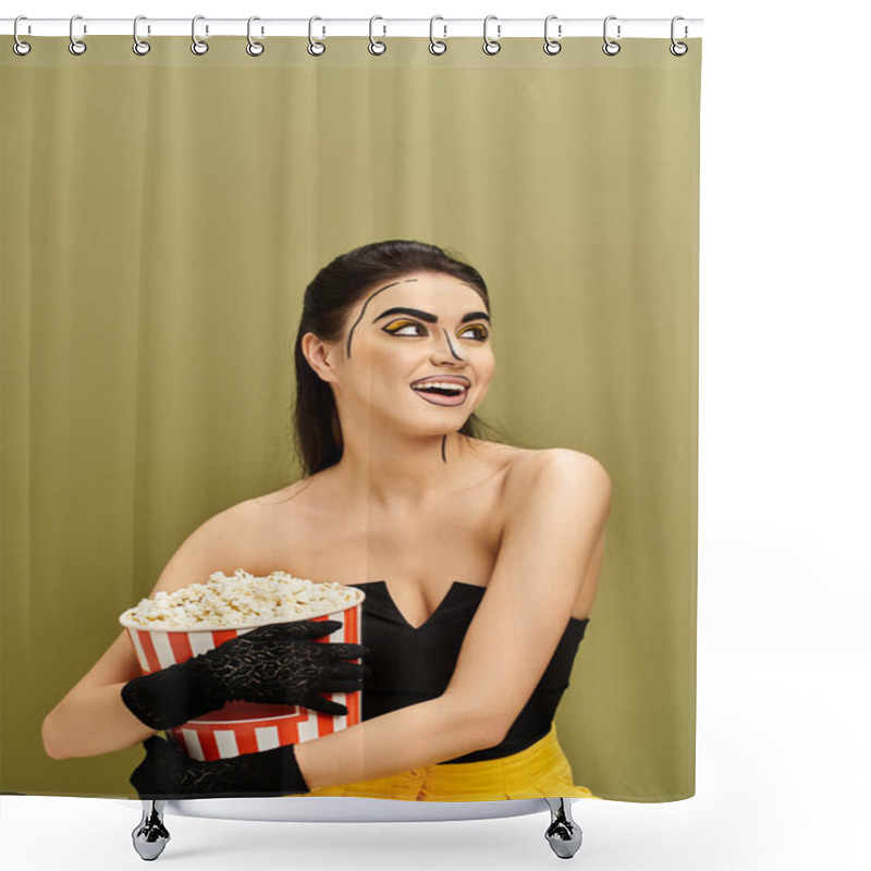 Personality  Stylish Woman In Black Top And Yellow Skirt Holding A Bucket Of Popcorn. Shower Curtains