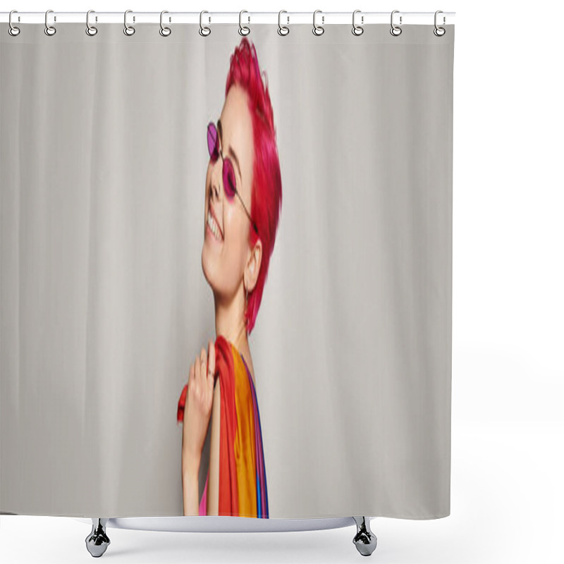 Personality  Young Pleased Female Activist With Pink Hair And Sunglasses Posing With Lgbt Rainbow Flag, Banner Shower Curtains