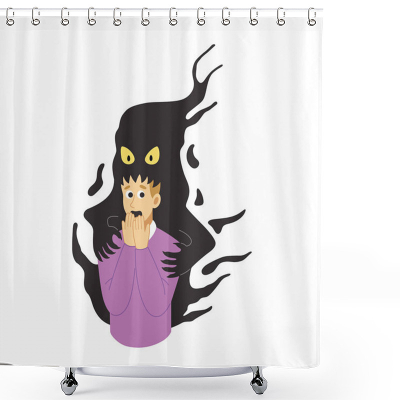 Personality  Mental Problems Anxiety, Fear, Phobia. Psycholagical Instability Concept. Man Suffering From Anxiety, Phobia, Panic Attack. Anxiety Monster Atacking Man. Illustration In Flat Style Shower Curtains