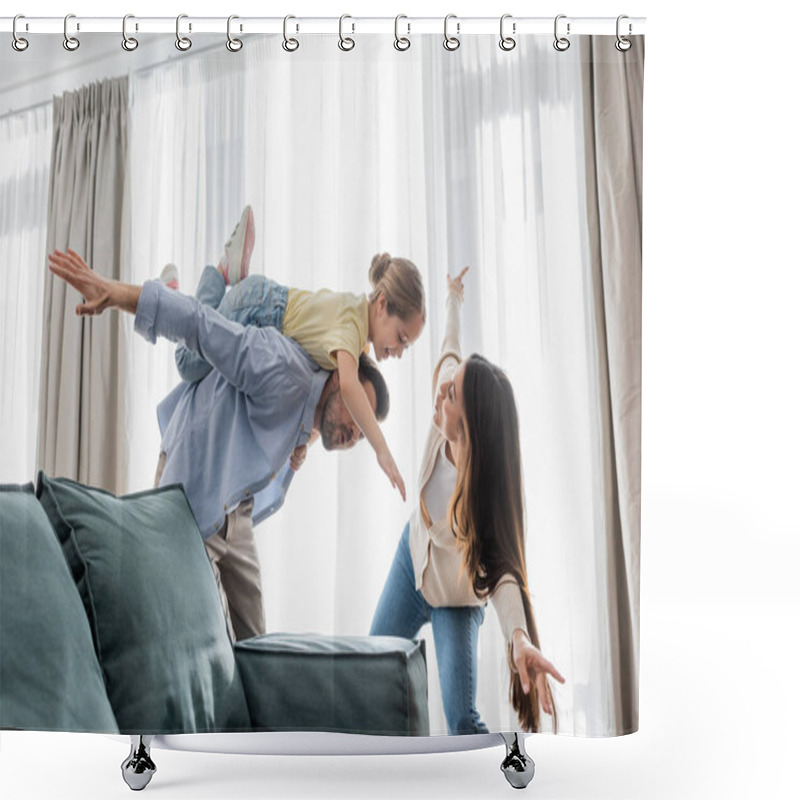 Personality  Joyful Girl Piggybacking On Back Of Father And Imitating Plane With Mom Shower Curtains