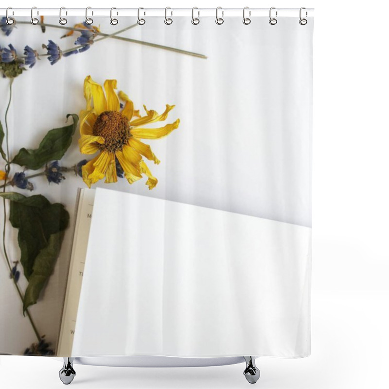 Personality  Flat Lay Of Dried Flowers And An Empty Notebook On A White Desk. Shower Curtains