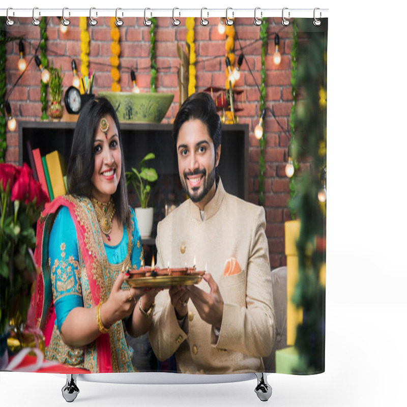 Personality  Indian Couple With Diya, Sweets And Gifts While Celebrating Diwali, Deepavali Or Dipavali Festival Shower Curtains