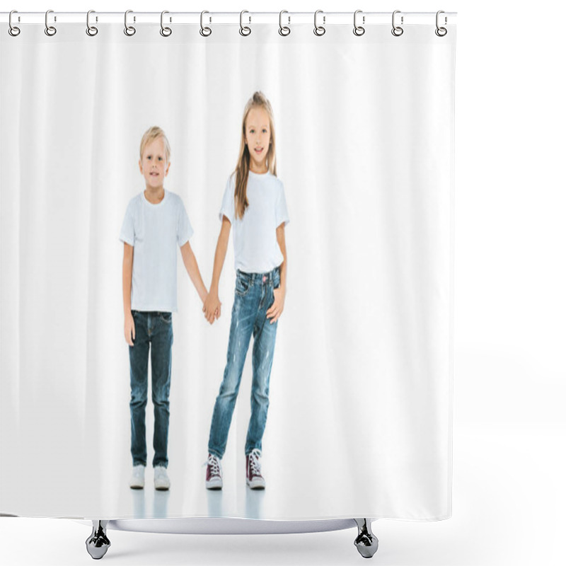 Personality  Cute Kids Holding Hands And Standing In Blue Jeans On White  Shower Curtains