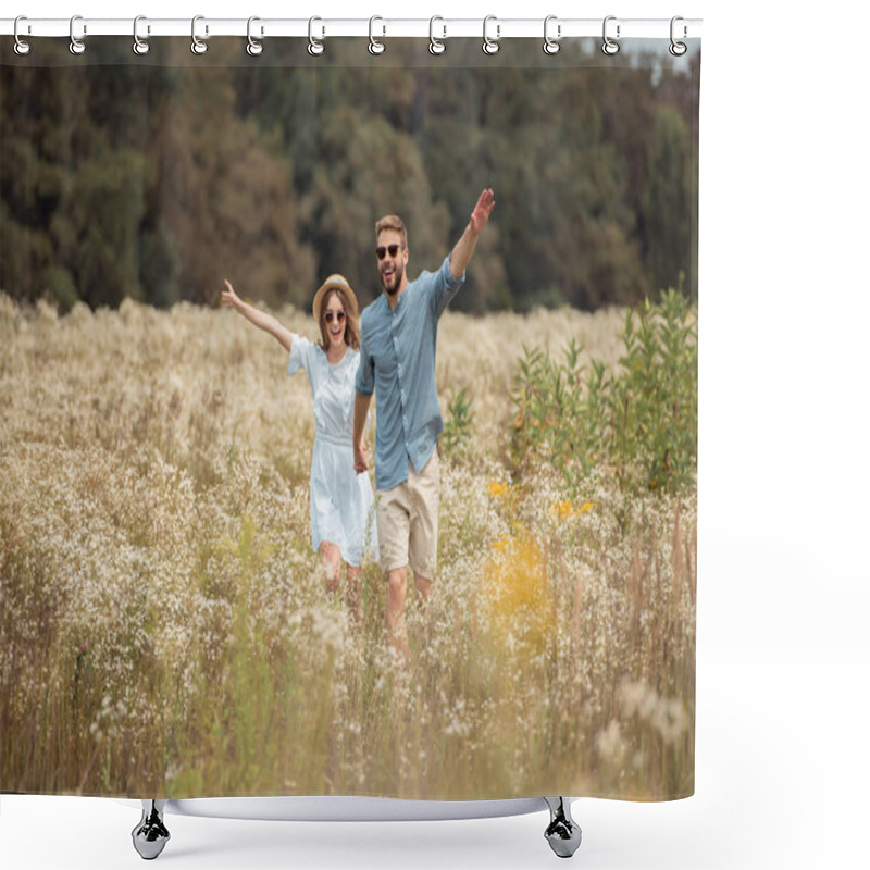 Personality  Happy Lovers Holding Hands While Running In Field With Wild Flowers Shower Curtains