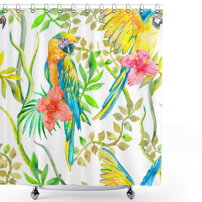 Personality  Macaw Seamless Pattern. Topical Flower And Leaves, Hibiscus. Tropical Parrot. Exotic. For Your Design. Shower Curtains