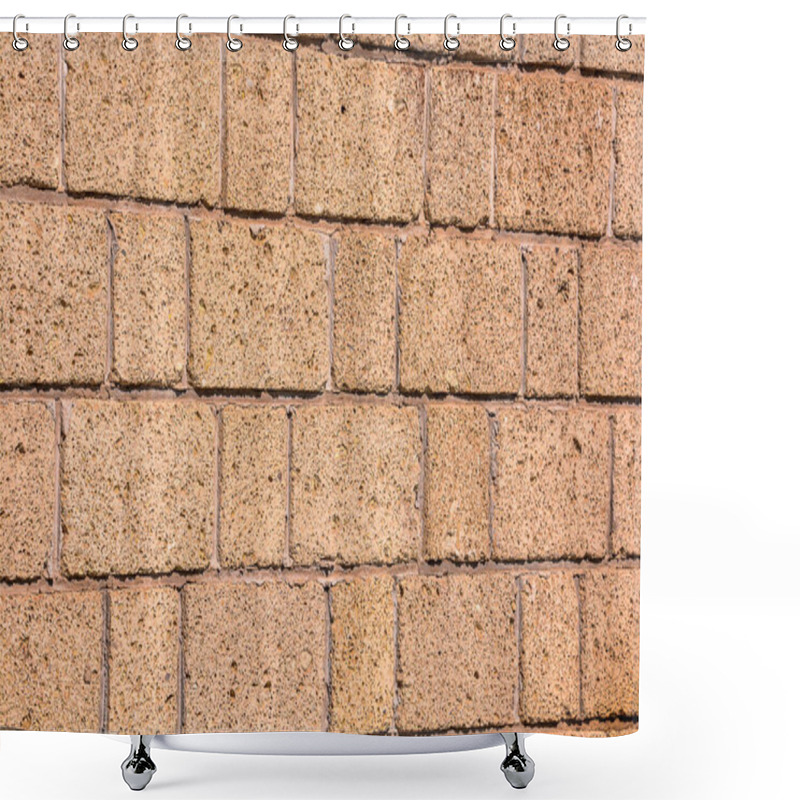 Personality  A Brick Wall With A Rough Texture And A Light Brown Color. The Wall Is Made Of Small, Irregularly Shaped Bricks Shower Curtains