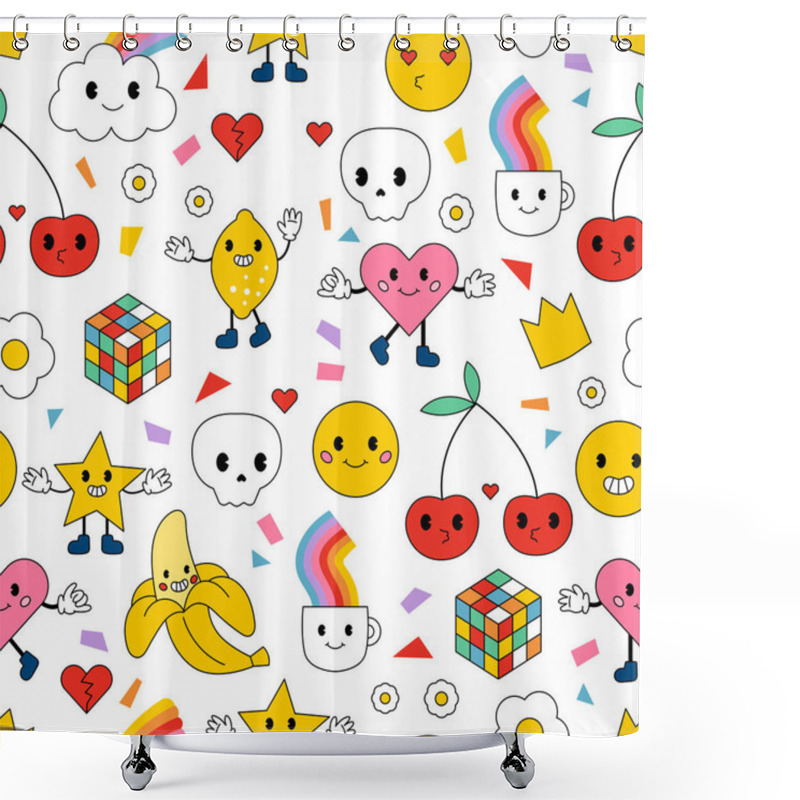 Personality  Seamless Pattern With Traditional Cartoon Characters. Hand Drawn Cherry, Lemon, Banana, Star, Clouds, Cup And Faces. Rubiks Cube Toy And Daisy Flowers. Vector Illustration. Shower Curtains