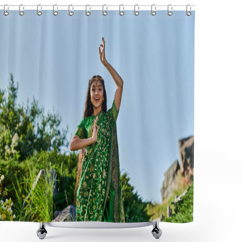 Personality  Excited Young Indian Woman In Stylish Green Sari Posing In Summer Park On Background Shower Curtains