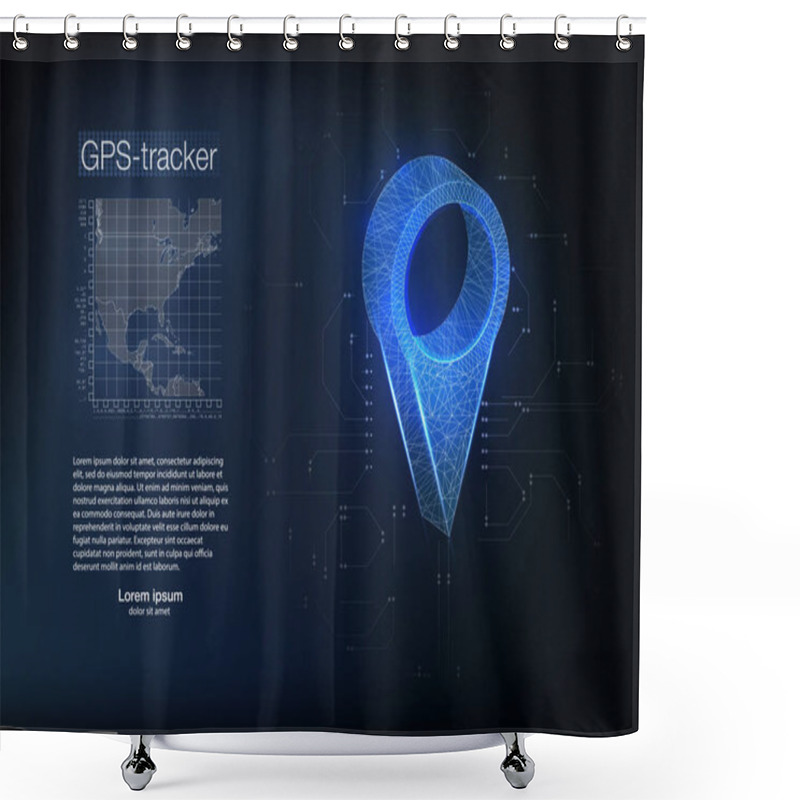 Personality  Polygonal Hand Holding Pin. Location, Gps, Marker Symbol, Abstract 3d Polygonal Wireframe Airplane On Blue Night Sky With Dots And Stars. Shower Curtains