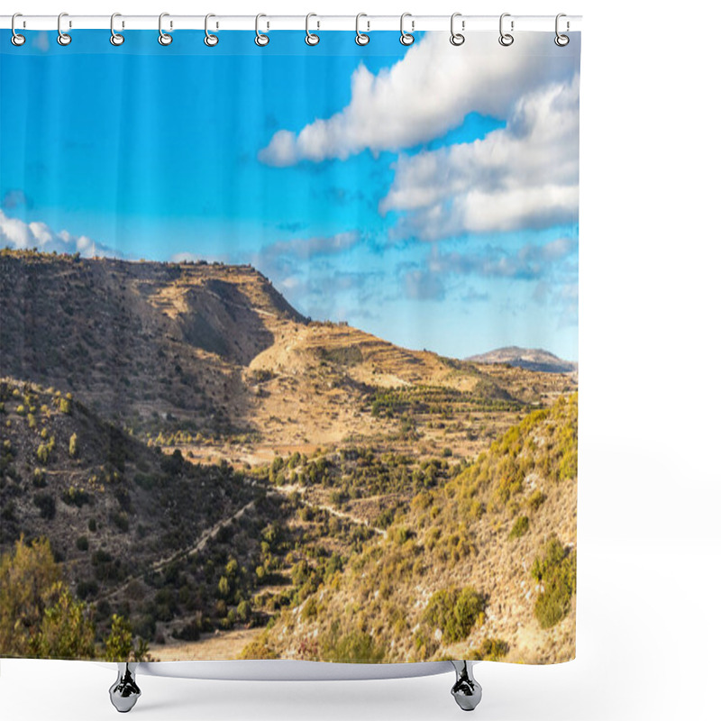 Personality  Serene Photo Capturing A Cypriot Mountain Vista With A Clear Sky, Few Clouds, And Limited Vegetation, Showcasing The Island's Natural Beauty Shower Curtains