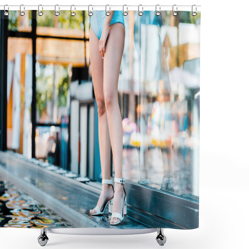 Personality  Cropped View Of Pin Up Girl Posing In Blue Swimsuit Near Swimming Pool Shower Curtains