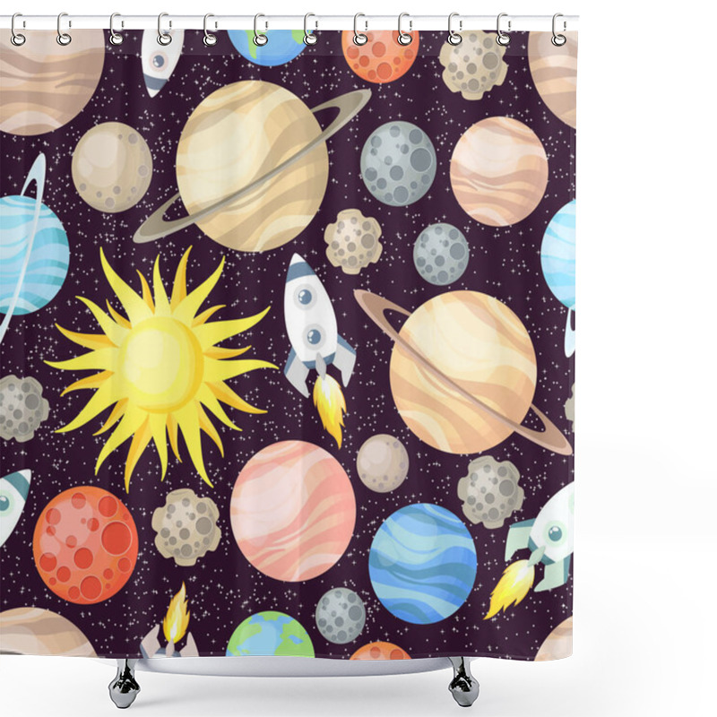 Personality  Seamless Vector Pattern With Cartoon Solar System Planets, Sun, Stars, Rocket And Different Elements Of Space. Design For Print, Fabric, Wallpaper, Card Shower Curtains