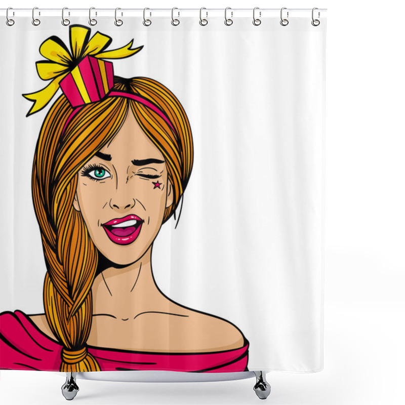 Personality  Wow Female Face. Young Sexy Woman With Gift Box On Her Head Smiles And Winks With Speech Bubble. Vector Hand Drawn Illustration In Comic Style Isolated On White Background.  Shower Curtains