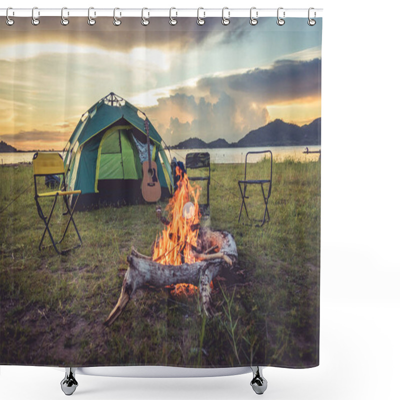 Personality  Camping Tent With Bonfire In The Green Field Meadow, Lake And Mountain Background. Picnic And Travel Concept. Nature Theme. Shower Curtains