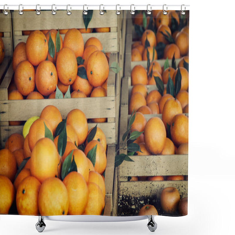 Personality  Fresh Oranges In The Wooden Boxes Shower Curtains