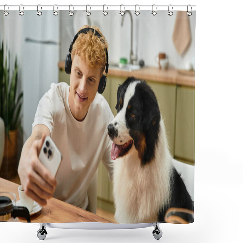 Personality  A Young Man With Red Hair Snaps A Selfie With His Cute Australian Shepherd In A Modern Apartment. Shower Curtains