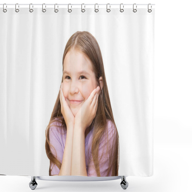 Personality  The Little Girl Props Up Palms A Chin, And Smiles. It Is Isolated On A White Background. Shower Curtains