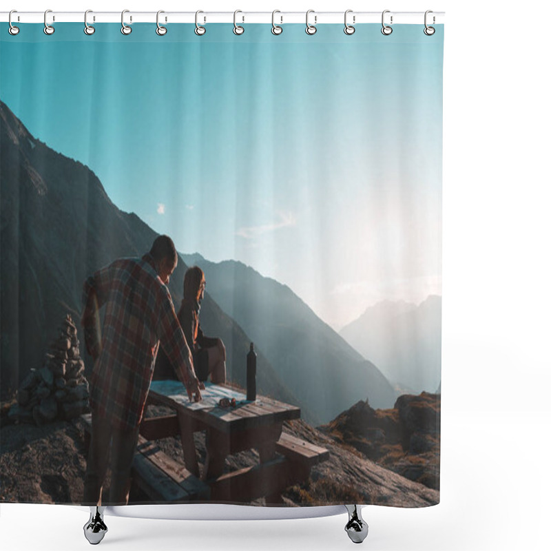 Personality  Coouple Hikers Reading Trekking Map On Table In Backlight, Rear View. Adventure Exploration On The Alps. Shower Curtains