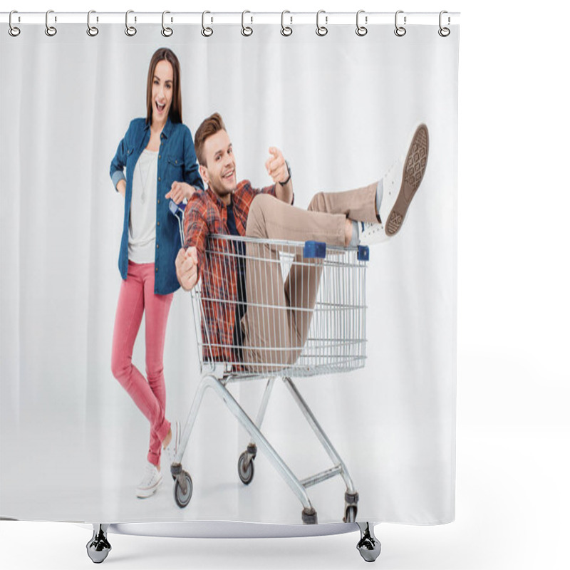 Personality  Couple With Shopping Cart Shower Curtains