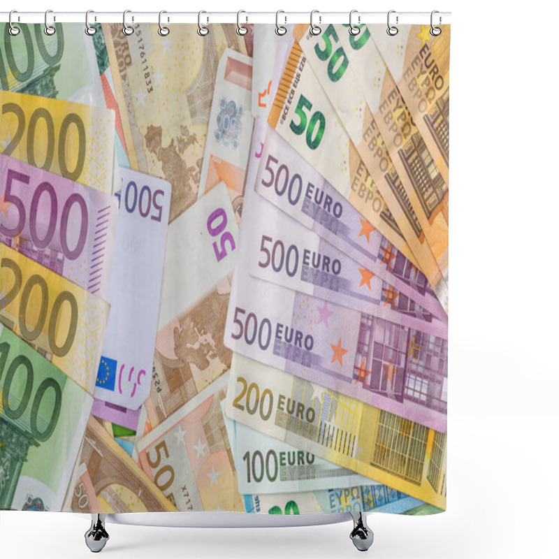 Personality  Flat Lay Of Euros Banknotes, Lot Of EU Money. Saving Investment Concept Shower Curtains