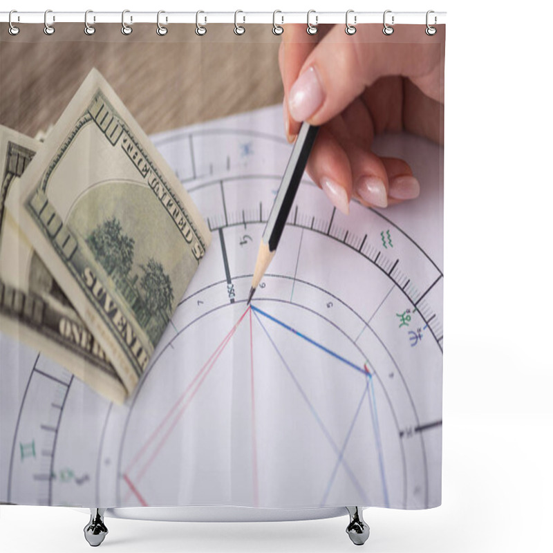 Personality  Cropped View Of Astrologer Drawing Natal Chart Beside Dollar Banknotes On Table Shower Curtains