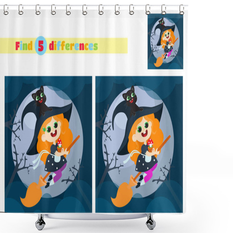 Personality  Find The Differences. A Little Witch Flies On A Broom At Night. Halloween Character. Educational Games For Children In Schools, Kindergartens, Cafes. Shower Curtains