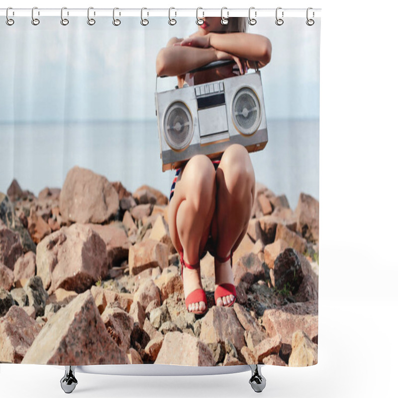 Personality  Cropped View Of Stylish Woman Posing With Retro Boombox On Rocky Beach Shower Curtains