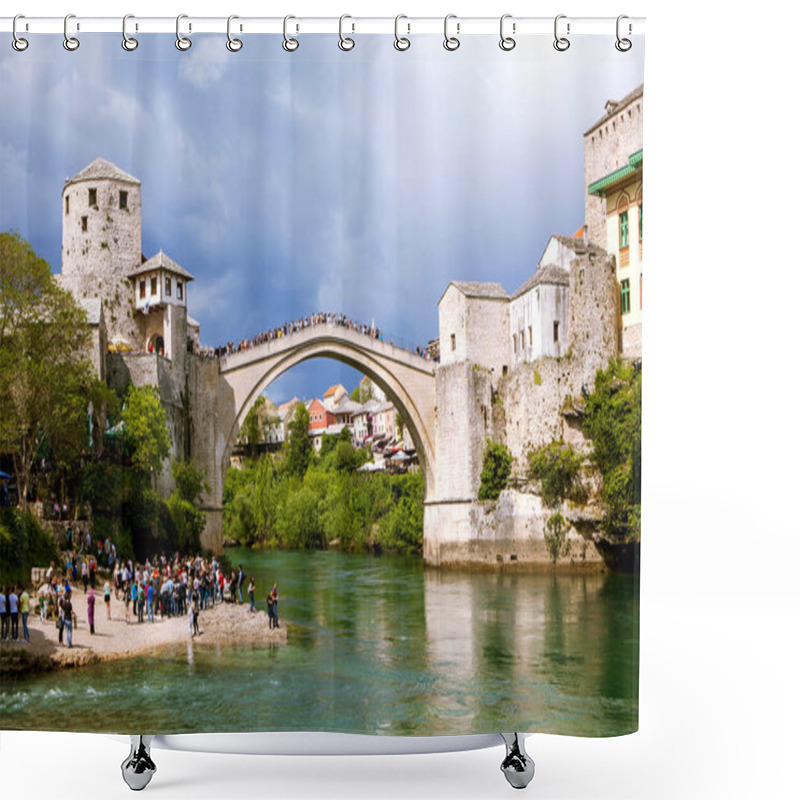 Personality  MOSTAR, BOSNIA AND HERZEGOVINA - MAY 02, 2019: Photo Of Famous Old Bridge Over The Neretva River. Shower Curtains